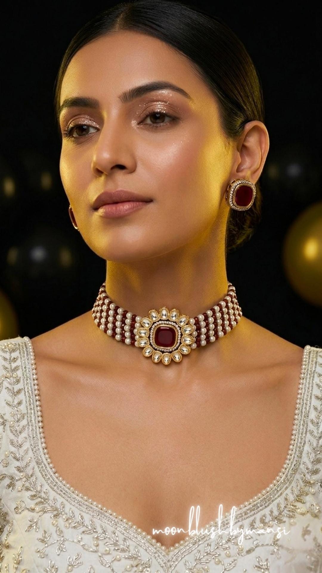 Beautiful Pearls & Beads Choker Set in Antique gold-plated with Moissanite Stones and Nano settings in AD|CZ
