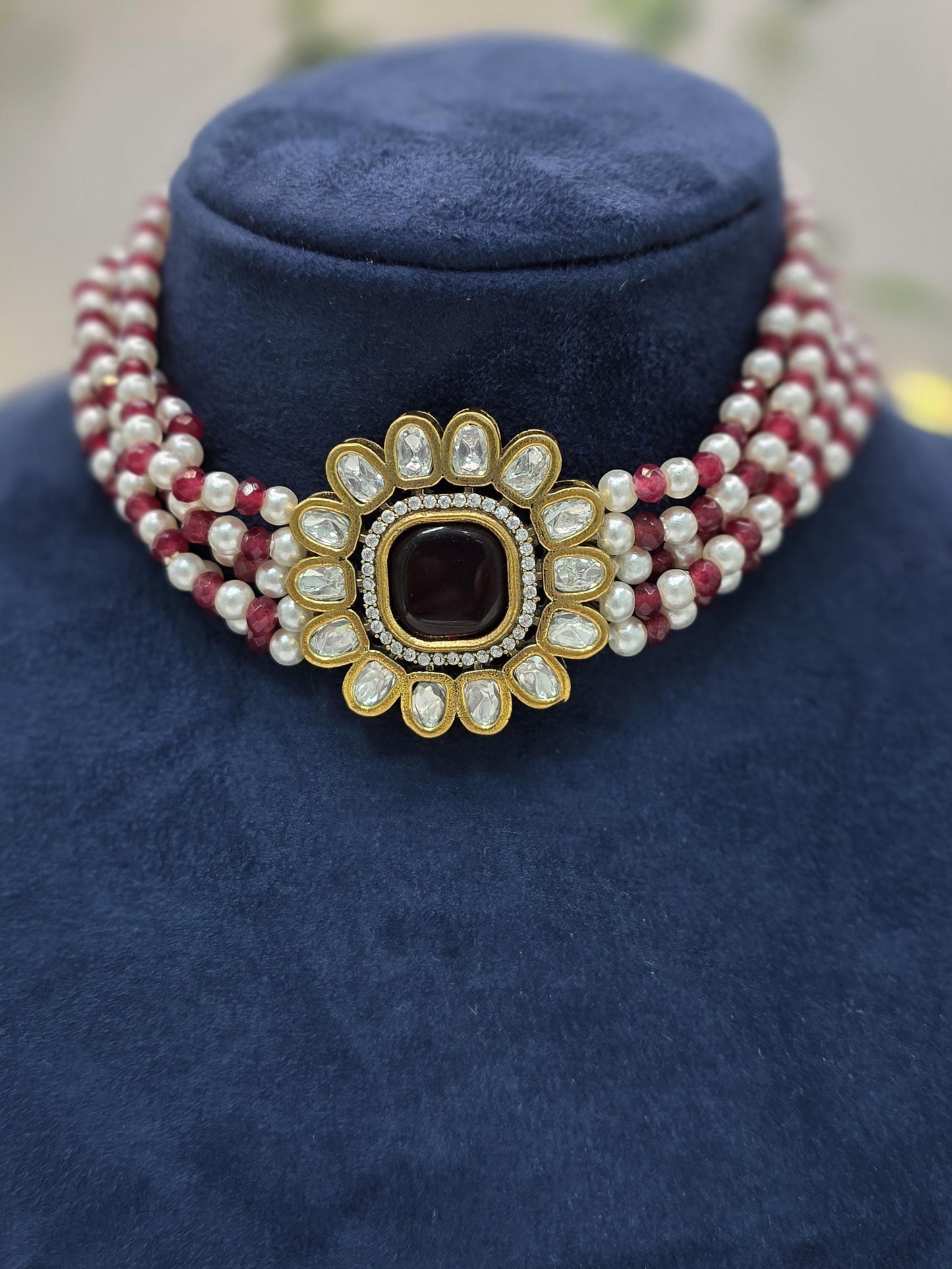 Beautiful Pearls & Beads Choker Set in Antique gold-plated with Moissanite Stones and Nano settings in AD|CZ