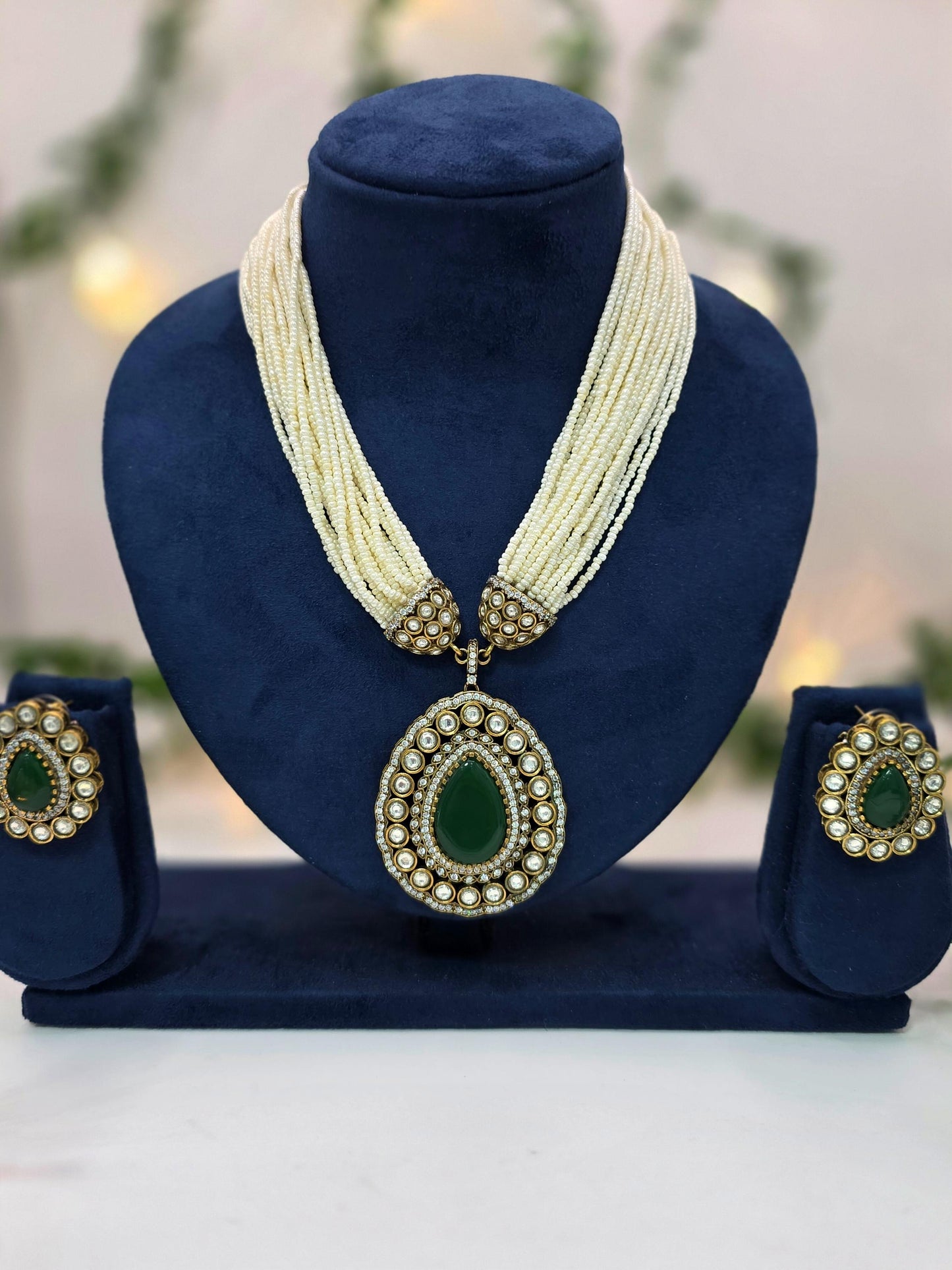 Statement Pearl Layered Necklace with Moissanite Stones | Traditional Wedding Jewelry in Antique gold brass with AD CZ nano settings