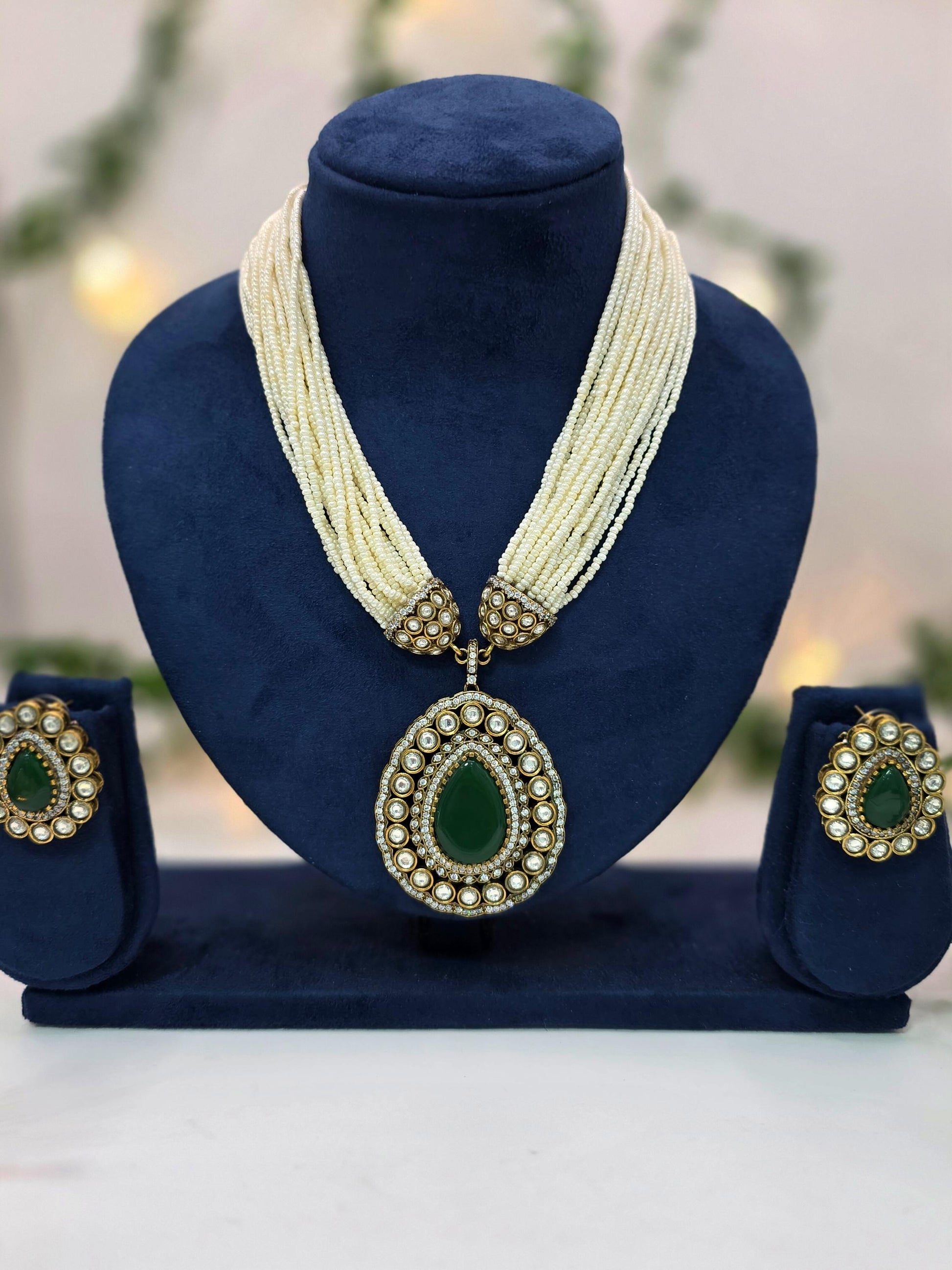 Statement Pearl Layered Necklace with Moissanite Stones | Traditional Wedding Jewelry in Antique gold brass with AD CZ nano settings