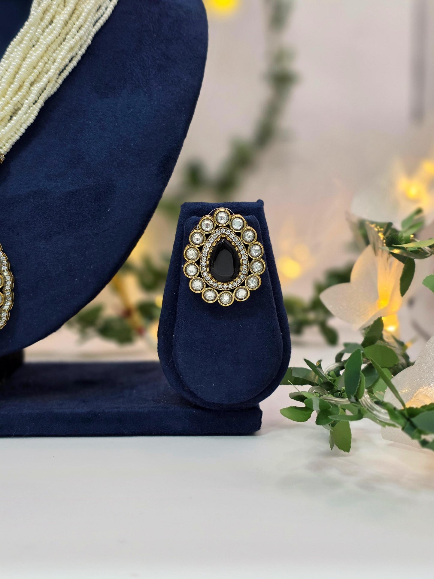 Statement Pearl Layered Necklace with Moissanite Stones | Traditional Wedding Jewelry in Antique gold brass with AD CZ nano settings