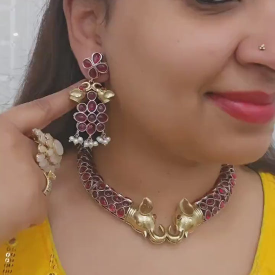 Elephant Choker Necklace: Rajasthani Hasli Set, Silver Replica