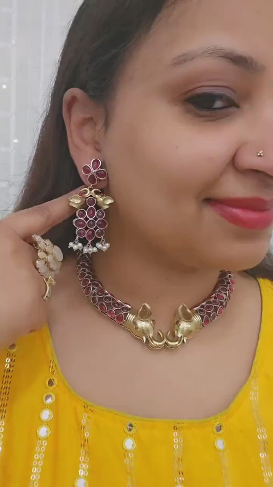 Elephant Choker Necklace: Rajasthani Hasli Set, Silver Replica