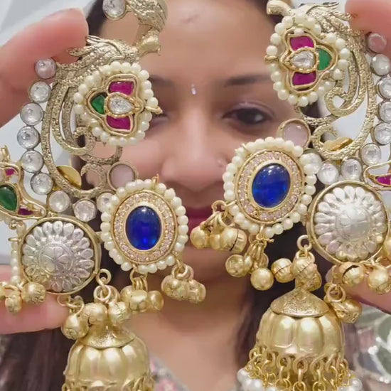 Golden Brass Pachi Kundan Earcuffs, Statement Kaanphool Earrings, Traditional Indian Bridal Jewelry