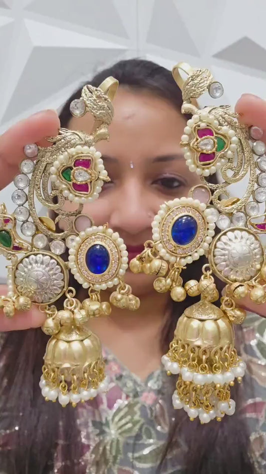 Golden Brass Pachi Kundan Earcuffs, Statement Kaanphool Earrings, Traditional Indian Bridal Jewelry