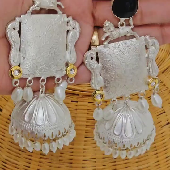 Handcrafted Silver Tone Jhumka Earrings: Brass, Rice Pearls & Monalisa Stones
