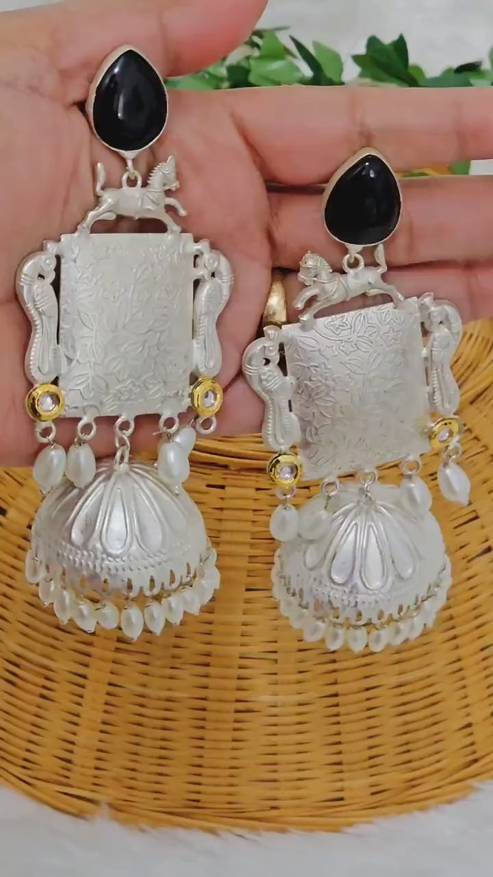 Handcrafted Silver Tone Jhumka Earrings: Brass, Rice Pearls & Monalisa Stones