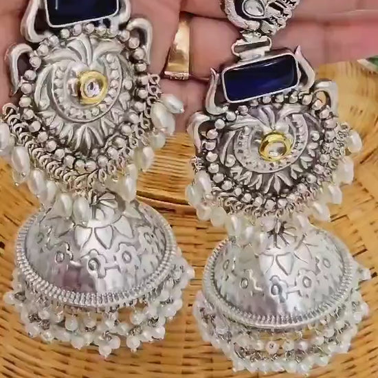 Peacock Jhumka Earrings: Silver Tone with Mogra Pearls & Blue Monalisa Stones