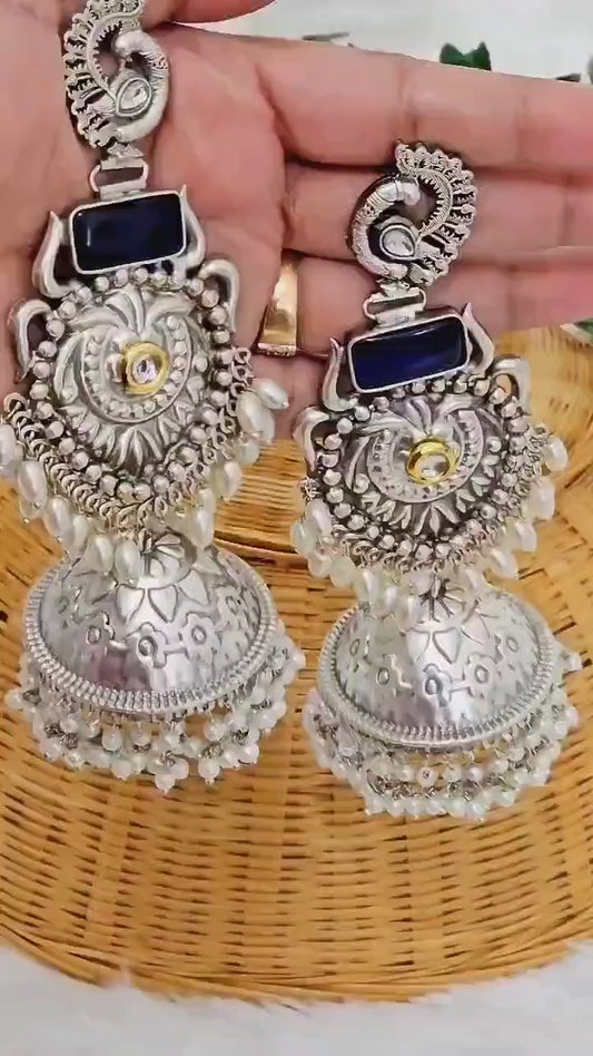 Peacock Jhumka Earrings: Silver Tone with Mogra Pearls & Blue Monalisa Stones