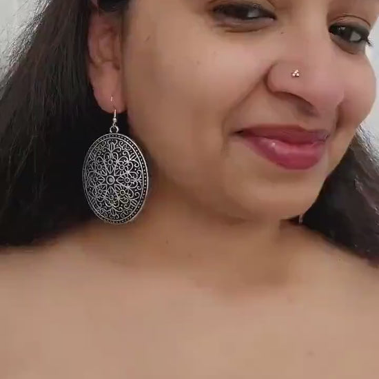 Bohemian Brass Earrings: German Silver Carved Boho Style