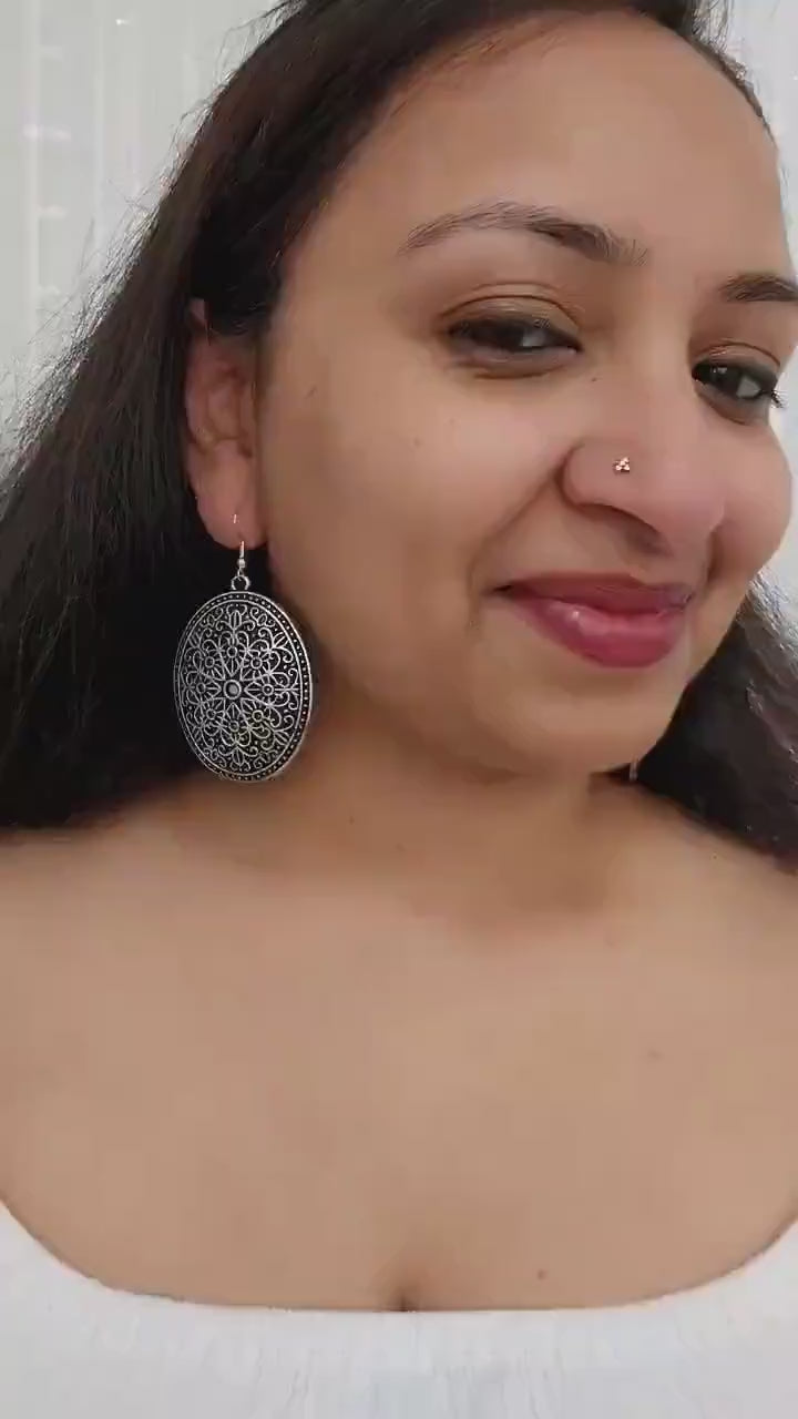 Bohemian Brass Earrings: German Silver Carved Boho Style