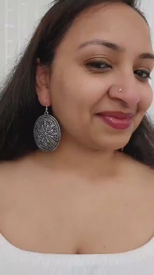 Bohemian Brass Earrings: German Silver Carved Boho Style