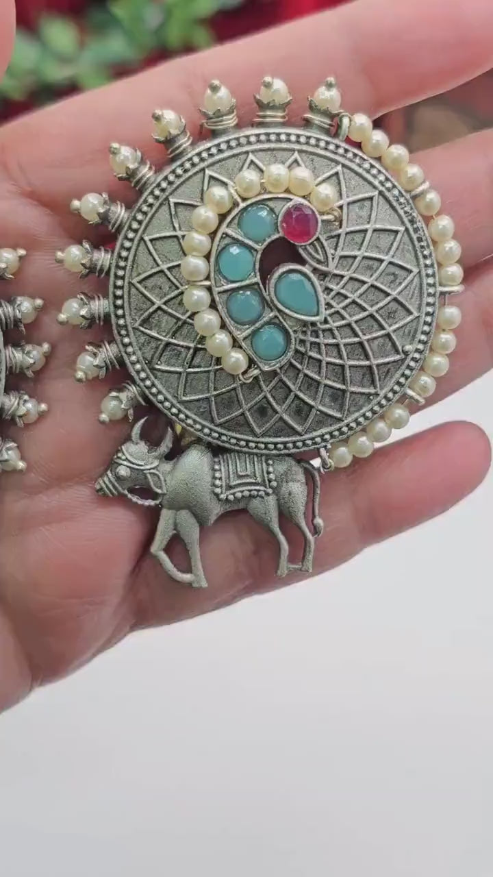 Handcrafted Brass Nandi Stud Earrings: Silver Replica with Pearls