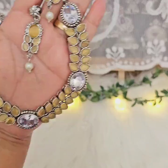 Monalisa Stone Choker Set: Silver Look Brass Necklace