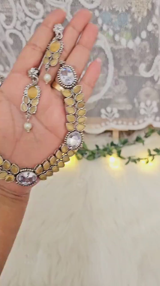 Monalisa Stone Choker Set: Silver Look Brass Necklace