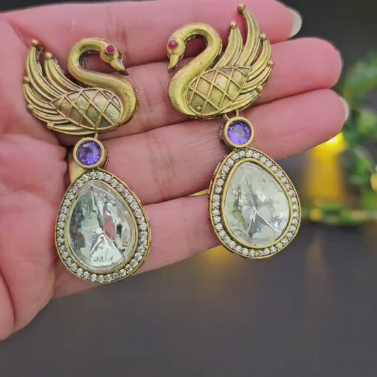 Handmade Brass Swan Drop Earrings: Victorian Style, Ad/Cz Stones