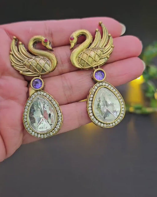 Handmade Brass Swan Drop Earrings: Victorian Style, Ad/Cz Stones