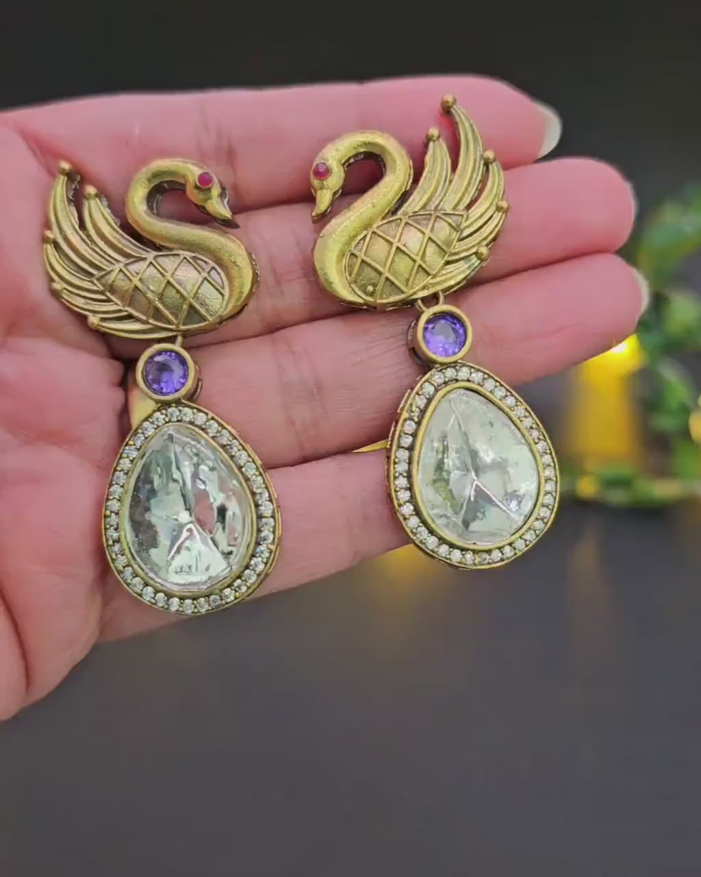 Handmade Brass Swan Drop Earrings: Victorian Style, Ad/Cz Stones
