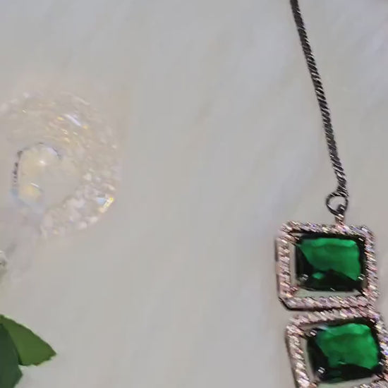 Emerald Glass Stone Statement Neckpiece: American Diamond, Black Polish