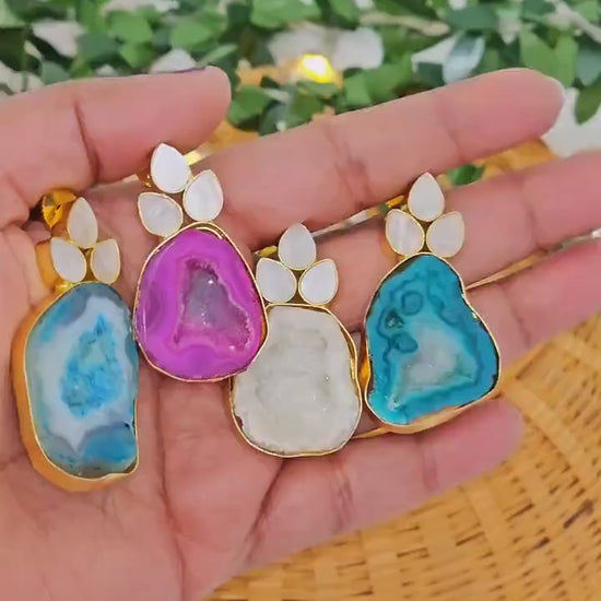 Brass Statement Earrings: Raw Agate & Monalisa Stone Design