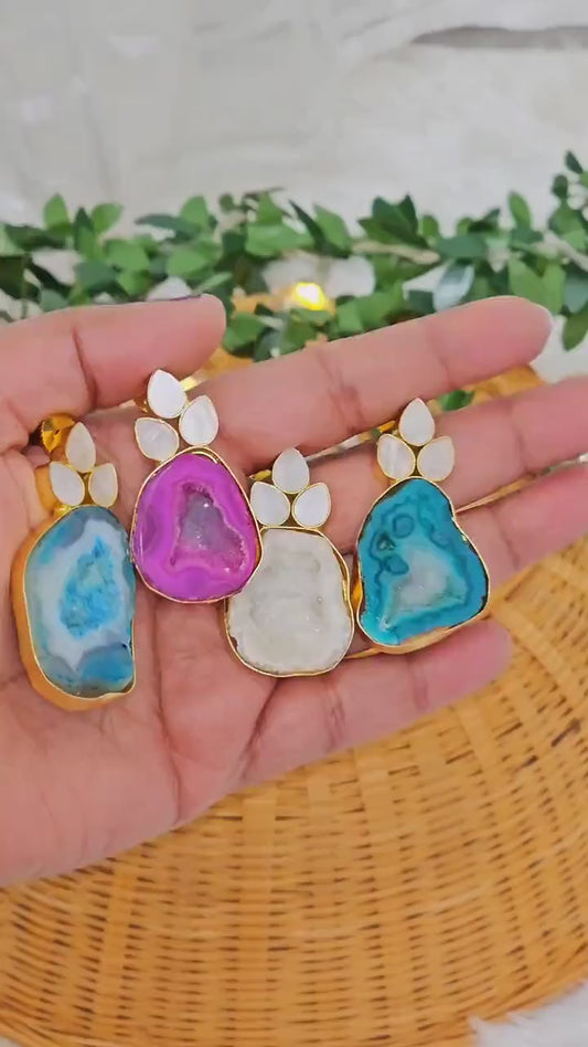 Brass Statement Earrings: Raw Agate & Monalisa Stone Design
