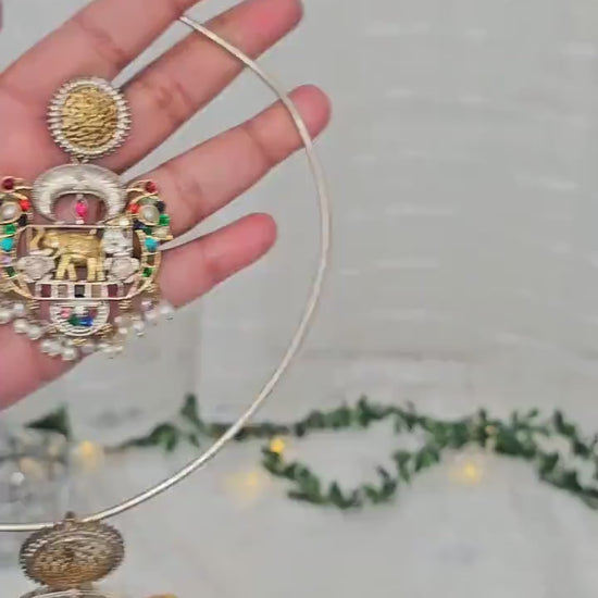 Dual Tone Hasli Choker: Silver Replica Necklace with AD Stones & Pearls