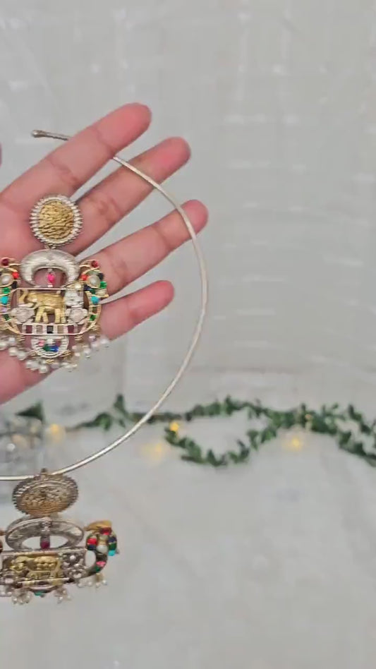 Dual Tone Hasli Choker: Silver Replica Necklace with AD Stones & Pearls