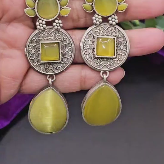 Handmade Brass Dangler Earrings: Silver Replica with Monalisa Stones