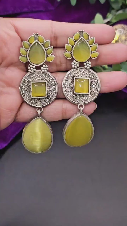 Handmade Brass Dangler Earrings: Silver Replica with Monalisa Stones