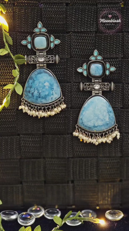 Oxidized Earrings: Translucent Glass & Pearl Dangle Earrings