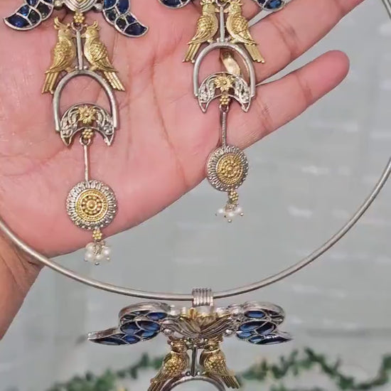 Brass Hasli Set: Silver Replica, AD Stones, Birds Design