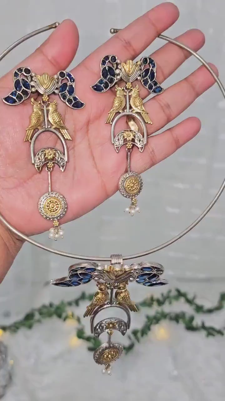 Brass Hasli Set: Silver Replica, AD Stones, Birds Design