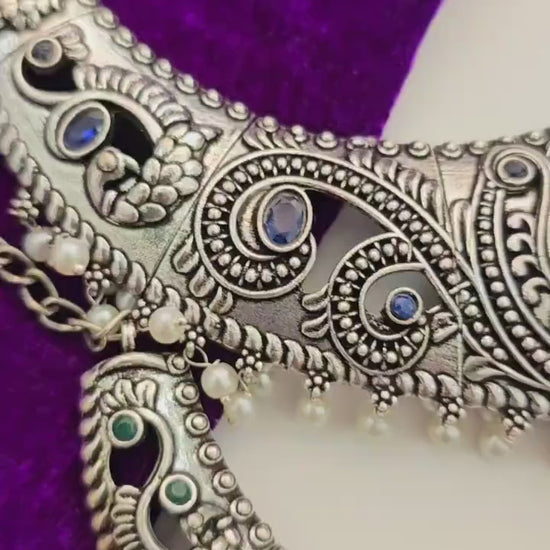 Handmade Antique Style Choker: Engraved German Silver, Monalisa Stone