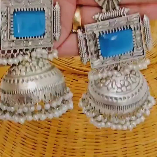 Silver Tone Jhumka Earrings: Blue Monalisa Stone & Rice Pearl Brass Jhumkas