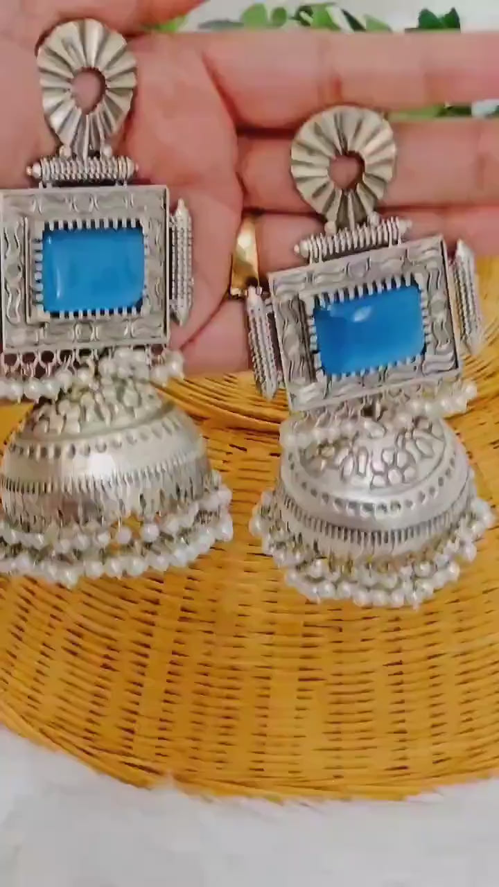 Silver Tone Jhumka Earrings: Blue Monalisa Stone & Rice Pearl Brass Jhumkas