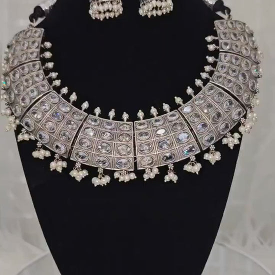 Silver Replica AD Stone Choker Set: Brass Pearl Jewelry