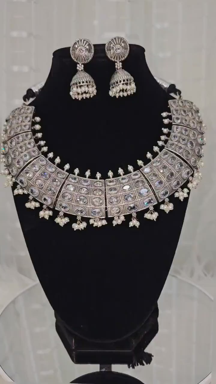 Silver Replica AD Stone Choker Set: Brass Pearl Jewelry