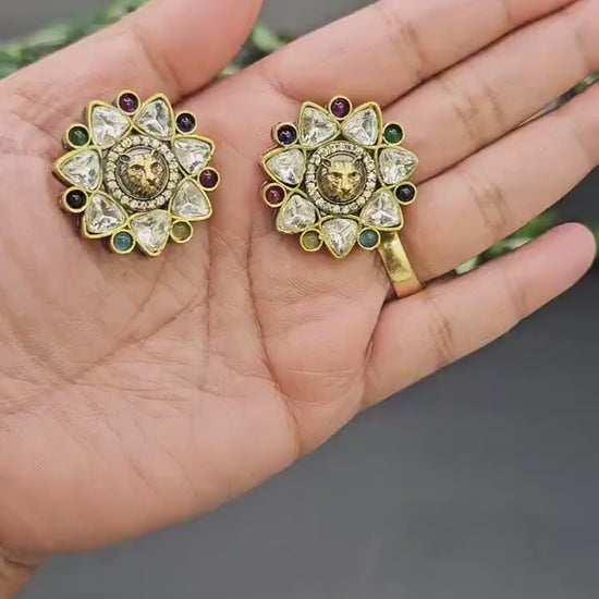 Lion Face Kundan Stud Earrings: Sabyasachi Inspired Bollywood Jewelry