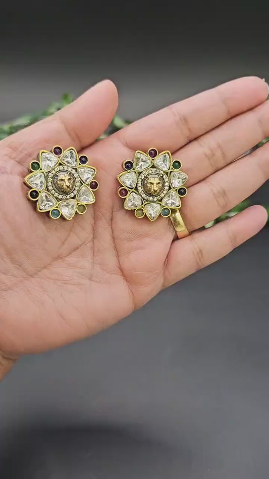 Lion Face Kundan Stud Earrings: Sabyasachi Inspired Bollywood Jewelry