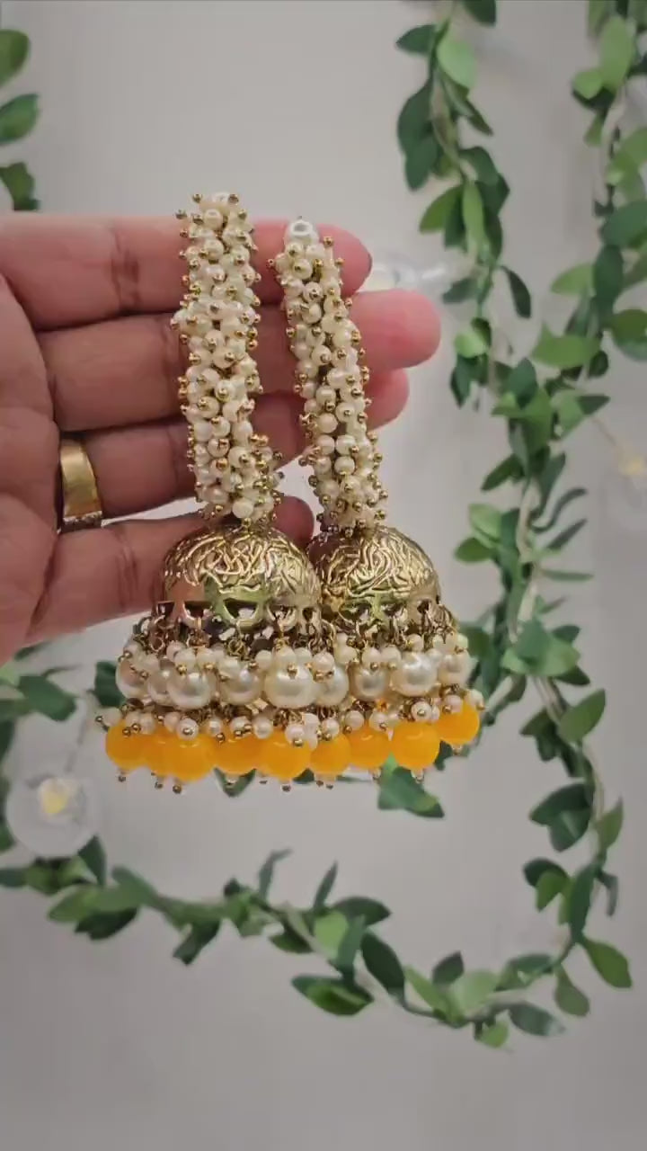 Handmade Brass Jhumka Earrings: Loreal Pearl & Colorful Beads