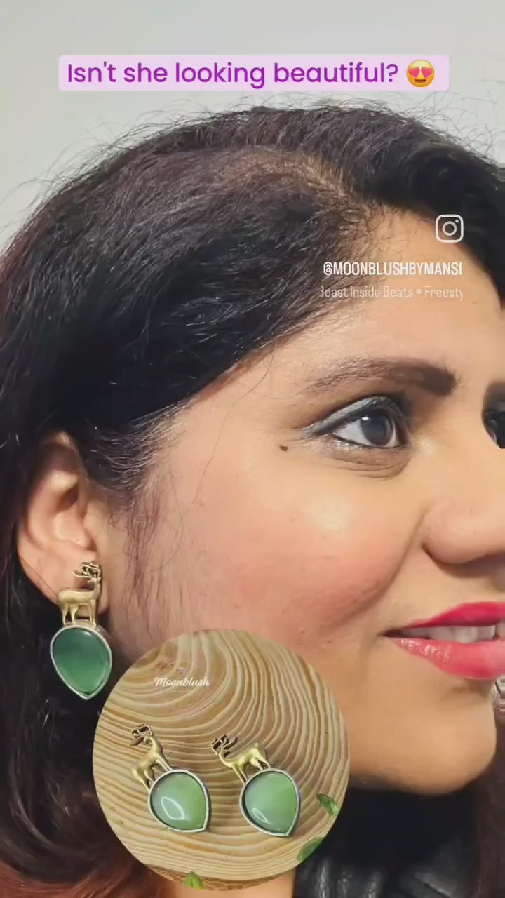 Reindeer Earrings: Handmade Brass & Silver Tone with Monalisa Stone