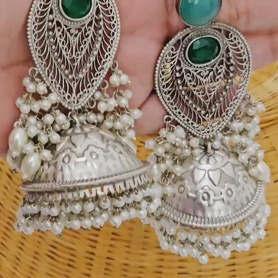 Handcrafted Jhumka Earrings: Silver Tone Brass with Mogra Pearls