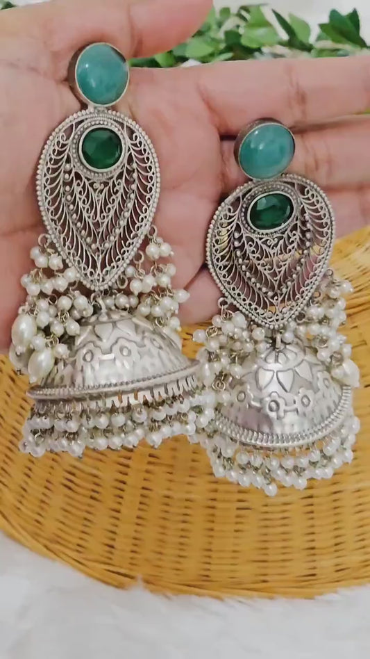Handcrafted Jhumka Earrings: Silver Tone Brass with Mogra Pearls