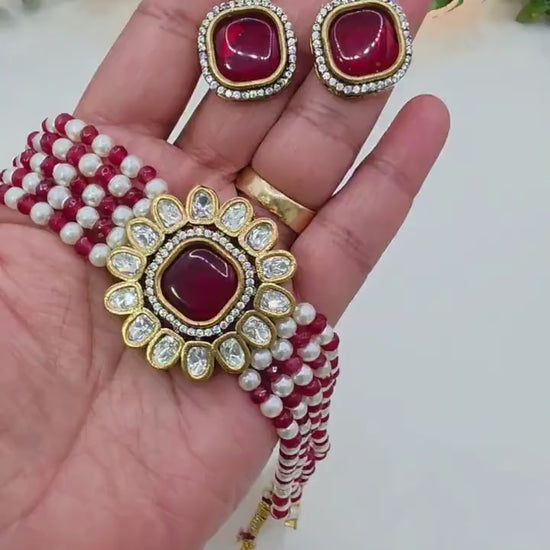 Beautiful Pearls & Beads Choker Set in Antique gold-plated with Moissanite Stones and Nano settings in AD|CZ
