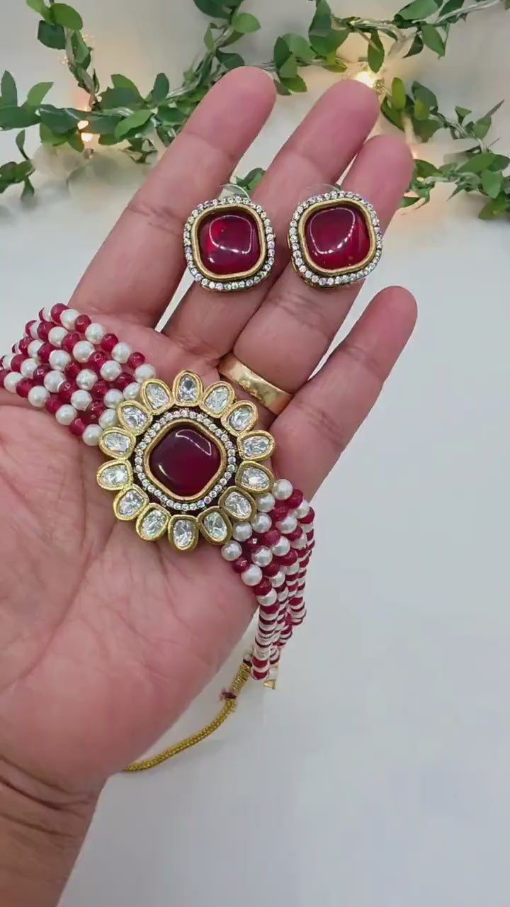 Beautiful Pearls & Beads Choker Set in Antique gold-plated with Moissanite Stones and Nano settings in AD|CZ