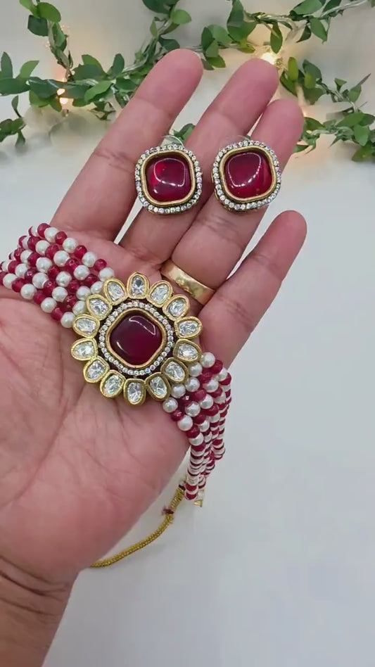 Beautiful Pearls & Beads Choker Set in Antique gold-plated with Moissanite Stones and Nano settings in AD|CZ